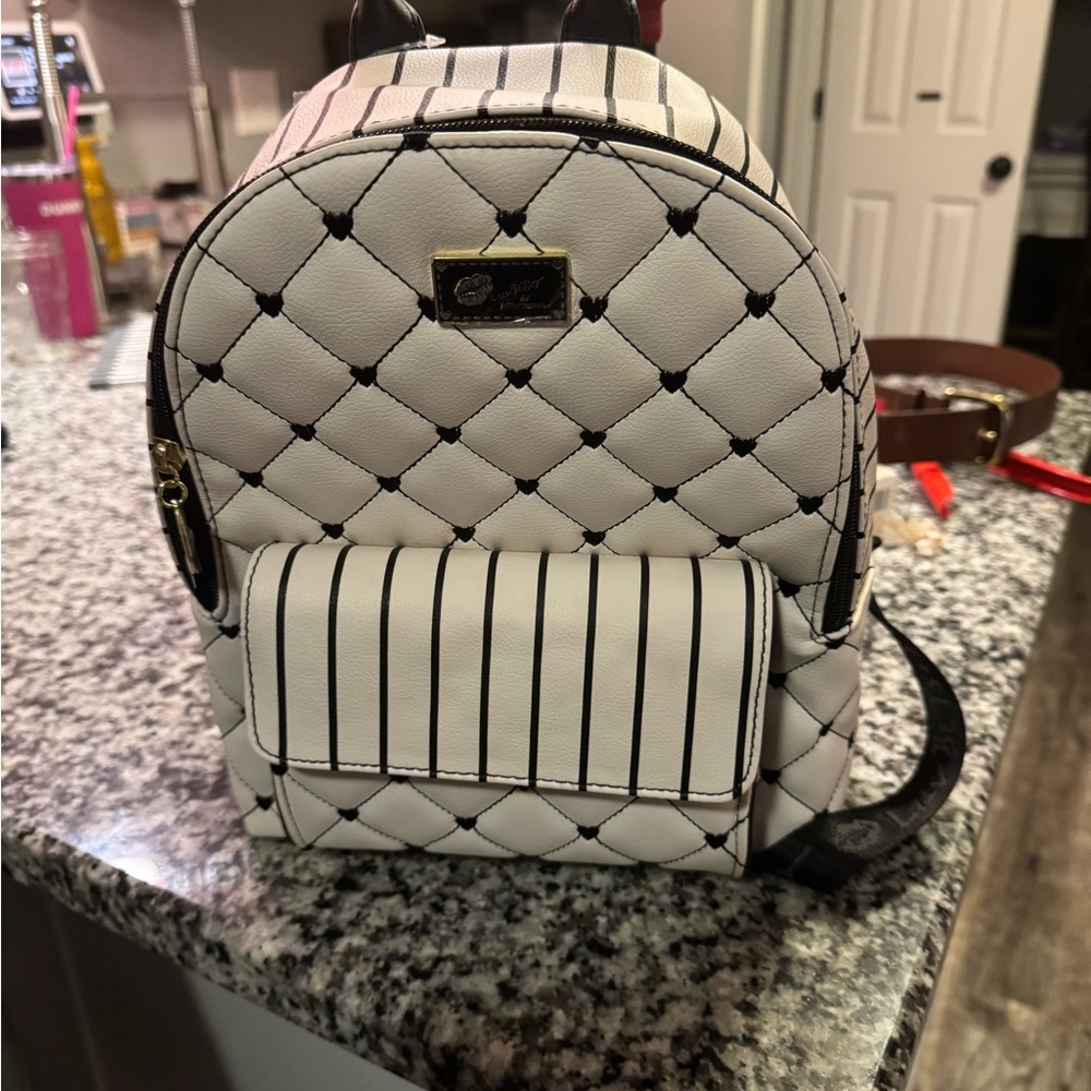 Betsey Johnson White and Black Backpack with Quilted Design and Gold Hardware